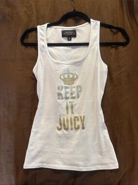 Juicy Couture White Tank Top with Gold & Silver Metallic Logo